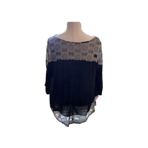 Naïf Naif Boho Black White Flowy Embroidered Lace Babydoll Three Quarter Shirt 2X