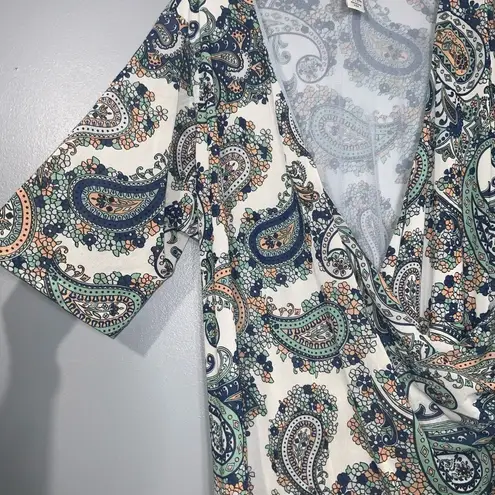 Jessica London Blue Green Multicolor Paisley Faux Wrap Short Sleeve Top 26/28