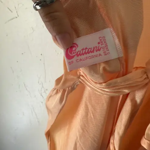 Cattani of California Vintage 70s Peach Maxi Dress Nightgown V Neck Tie Back USA Orange Size M