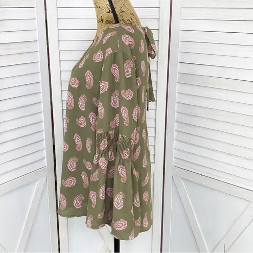 New York & Company Paisley Bell Sleeve Bow Back Blouse Shirt Olive Green Large Green