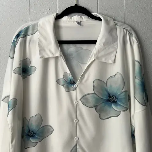 Miss Look Floral Top Womens Large Mature Modest Art Lightweight Career Workwear White