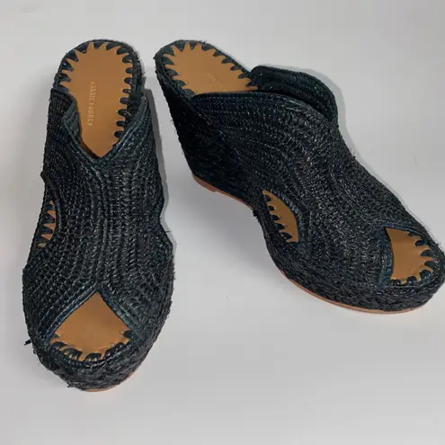 Carrie Forbes Black Lina Woven Straw Sandals Wedge Mules Women's Size 38 US 8