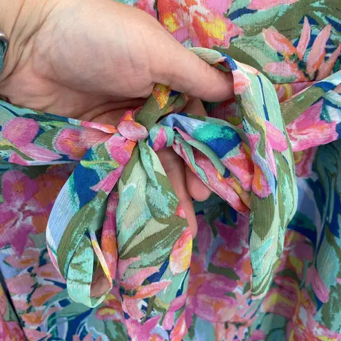 Takara Maxi Dress Juniors 5 Pink Blue Floral Polyester Button Front Tie Back