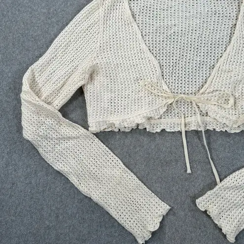 Bershka Crochet Knit Cropped Tie Front Top Size Medium Beige Boho Ruffle Hem