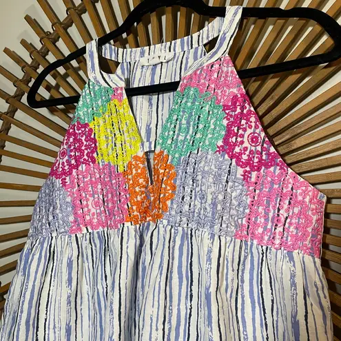 THML Women’s White Striped Tank Top with Colorful Embroidery Preppy Bohemian SzS