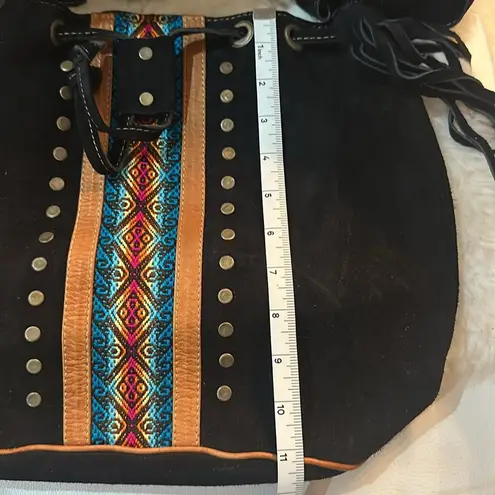 Dydaktik Black and Turquoise Suede Bucket or Crossbody Fringe Bag