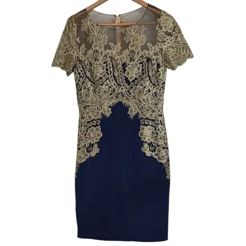 Marchesa Notte Navy/Gold Lace Embroidered Beaded Satin Sheath Evening Dress sz 8 Blue