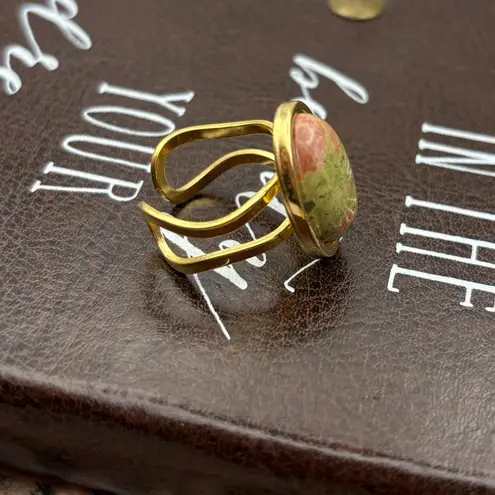 Handmade Large Oval Unakite Gemstone Ring – Adjustable Stainless Steel