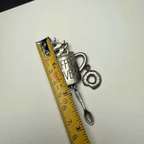 Signed JJ Coffee Lover Cup With Spoon Charm Dangle Brooch Pin Jonette Jewelry Silver