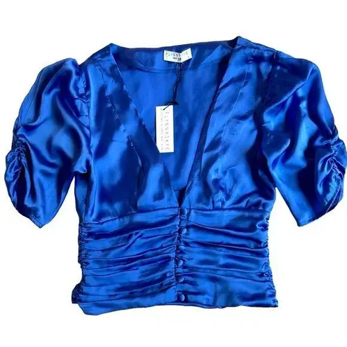 Flynn Skye small blue satin puff sleeve button down ruched bodice vneck sexy top