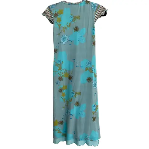 Y2K Oilily Womens Maxi Dress Floral Print Striped Trim Blue Size M Lined Whimsy Size M