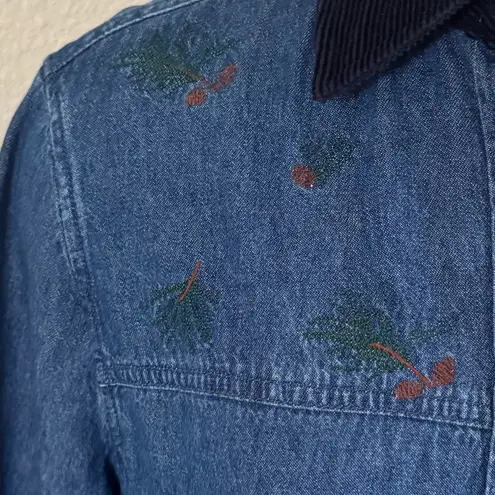 Vintage Denim Embroidered Christmas Shirt Corduroy Collar 90s pine cones medium Blue