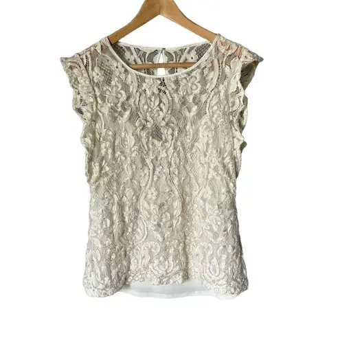 White House | Black Market  Top Size 12 Ivory Sleeveless Lace Flutter Floral Chic