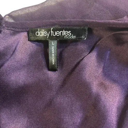 Daisy Fuentes Eggplant Purple Silk Blend Top Ruffle Sleeves V-Neck Blouse Large