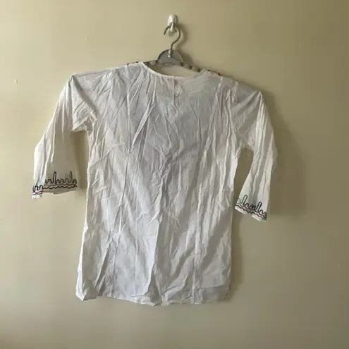 Sun Flower White Tops/Blouses Colorful Hand Stitched Mexican Style 100% Cotton Size XL