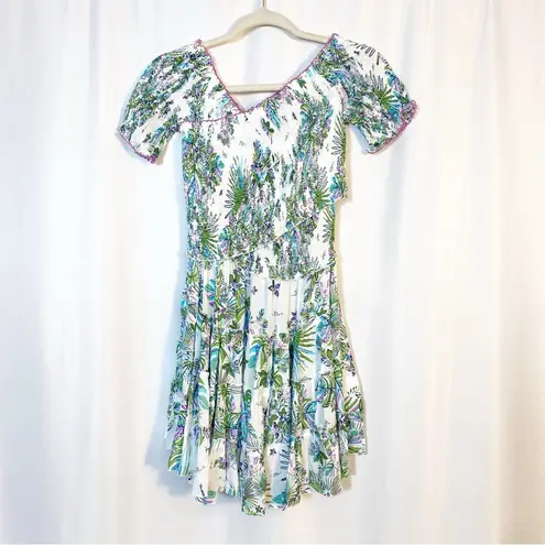 Poupette St. Barth Soledad Smocked Mini Dress Aqua Rain Forrest Tropical Jungle