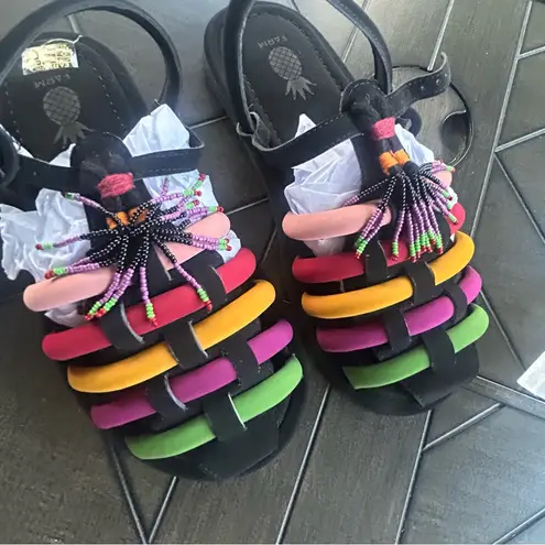 Farm Rio NEW Black Rainbow Beaded vegan sandals with dust bag size 9 tassels