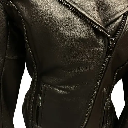 Leather King Braided Detail Sexy Fitted Black Leather Motorcycle Jacket Size S