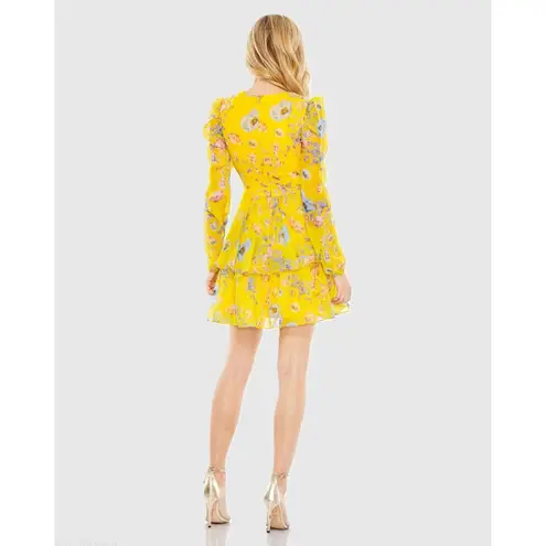 Mac Duggal 55838 Yellow Floral Print Puff Sleeve Ruffled Mini Dress Size 2 NWT