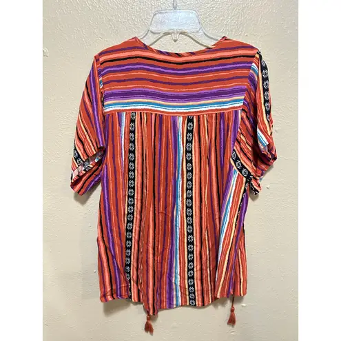 Savanna Jane Embroidered Striped Tassel Tie Top Blouse Womens Size S Bohemian Red
