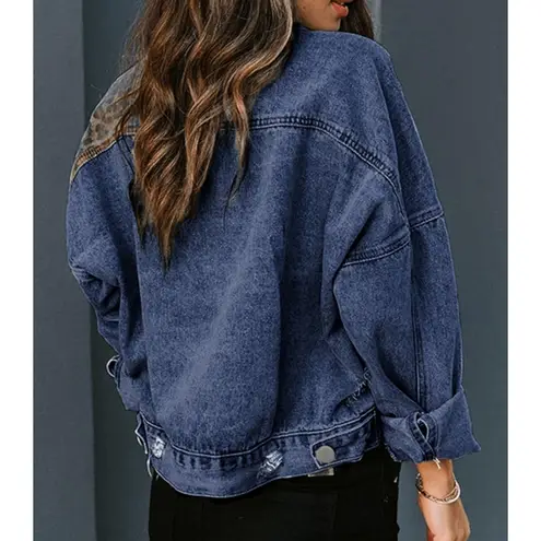 NWOT Leopard Panel Distressed Denim Button Jacket Washed Long Sleeve Coat XXL Blue