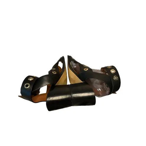 River Island ASOS Black Leather Heeled Sandals Gold Eyelet Detail Size 40 US 9