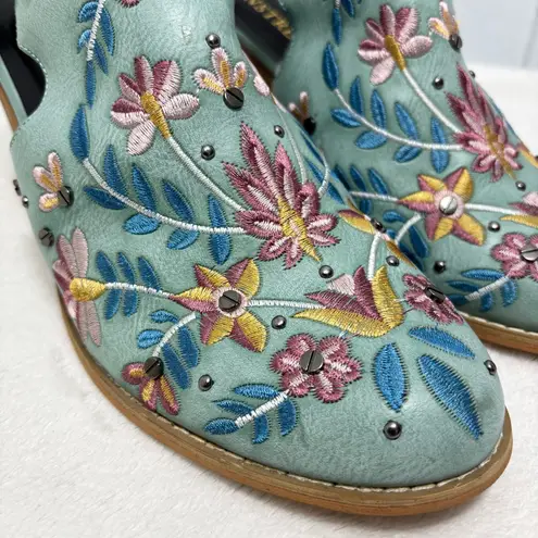 Boho Embroidered Booties Blue Vegan Chunky Block Heel Buckle Slingback Boots 11