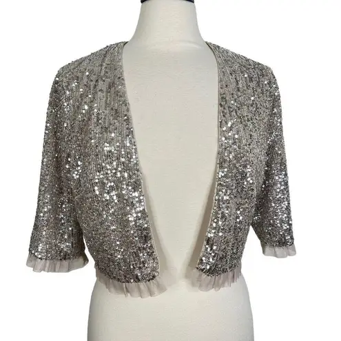 Gal Meets Glam Collection Diana Silver Sequin Crop Bolero Jacket Women's US 12