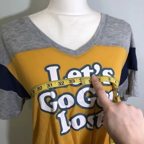 Cold Crush NWT Let’s Go Get Lost V-Neck Tee Top Shirt Gold Yellow Gray Navy New