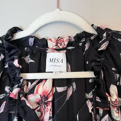 MISA Los Angeles Cecile Satin Floral Tiered Ruffle Tassel Mini Dress Black Pink