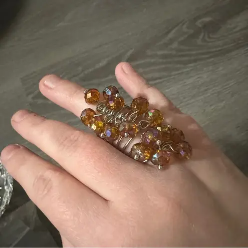 Orange Toned Rhinestone Gem Tiered Stacked Oversized Silver Toned Ring