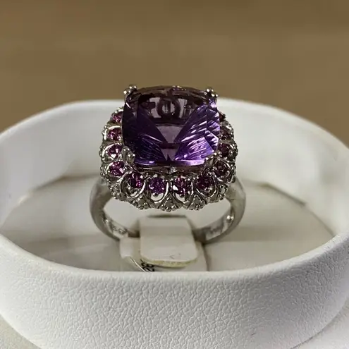 Cushion Purple Fluorite & Rhodolite Garnet Sterling Silver 925 Ring Halo Sz 9