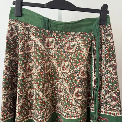Vintage Wrap Skirt Bohemian Elephant Print Cotton Midi Skirt sz One Size Green