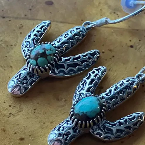 Natural Blue Moon Turquoise Cactus Earrings Silver