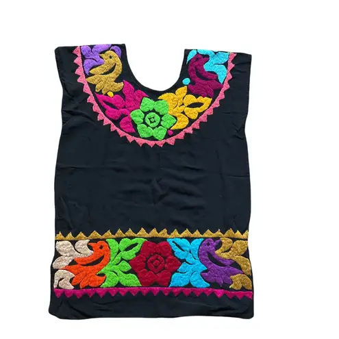 Handmade Mexican Embroidered Black Blouse Tunic Top Birds Flowers Artisan
