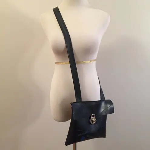 Rubber Crossbody Bag Vault Clasp Flap Black Blue Industrial Unique Purse 10x8.5