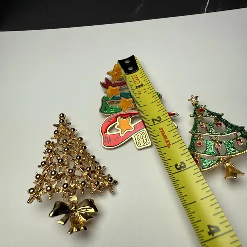 Christmas Tree Holiday Lot Of 3 Brooch Pin Gold Tone
