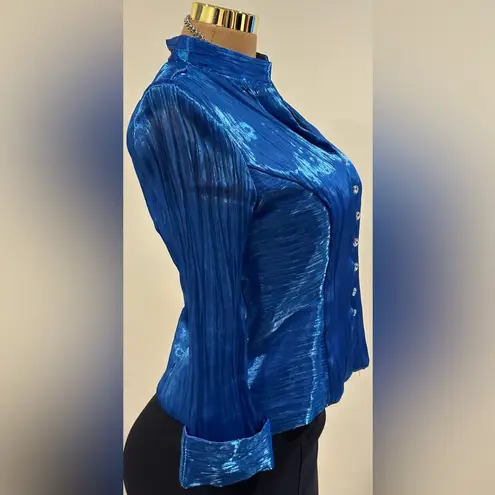 J.R Night By Cailiendo Blue Satin Rhinestone Buttons. Sheer Cuffed Sleeves Sz 8