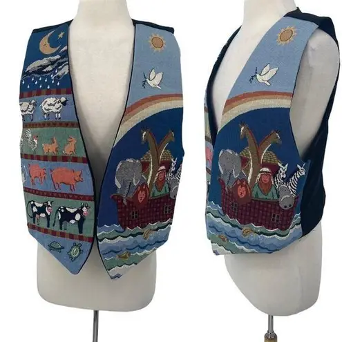 Vintage Noahs Ark Needlepoint Embroidered Animals Vest Open Front Blue Womens L Size L