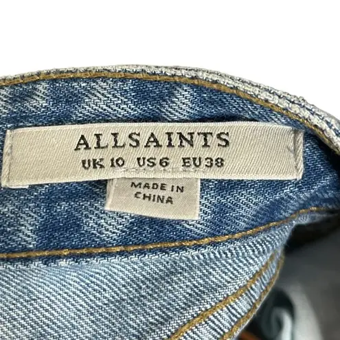 ALLSAINTS Denim Mini Skirt Bette Buckle Raw Hem Belted Blue Women’s Size US 6