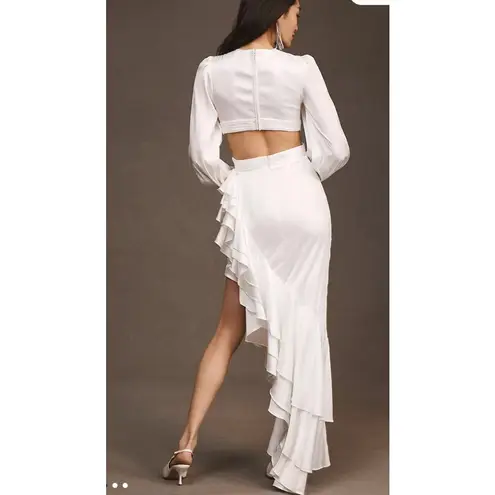 Mac Duggal Satin Ruffle High Low Gown Deep V Long Sleeve Formal Wedding 10