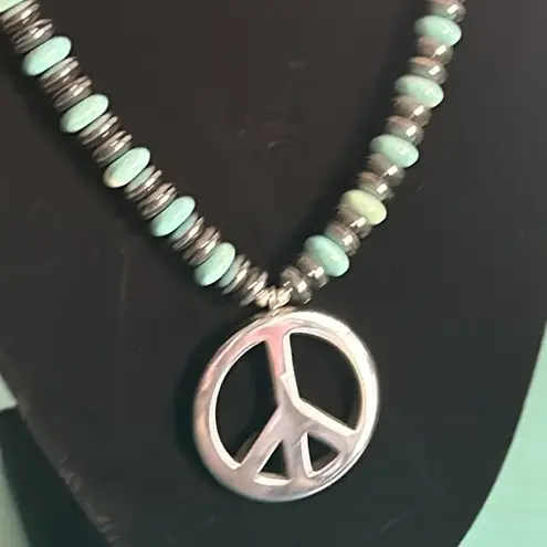 New Hand Crafted Hematite and Howlite Bead Necklace with Peace Sign Pendent Blue