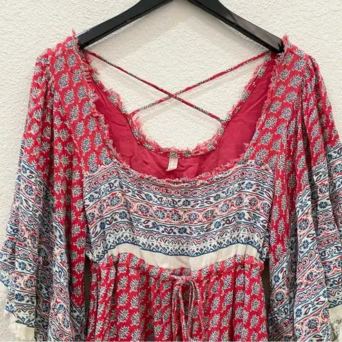 Free People  Red/Blue Heart of Gold Babydoll Kaftan Tunic Boho Mini Dress Size XS