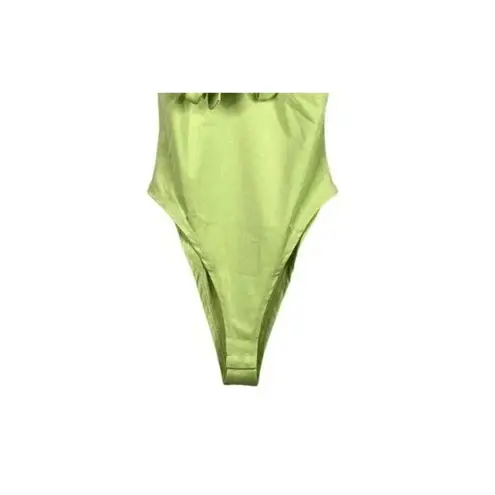 Cider NEW Ruffled Off Shoulder Tie Key Hole Bodysuit Puff Sleeves Snap Crotch S Green