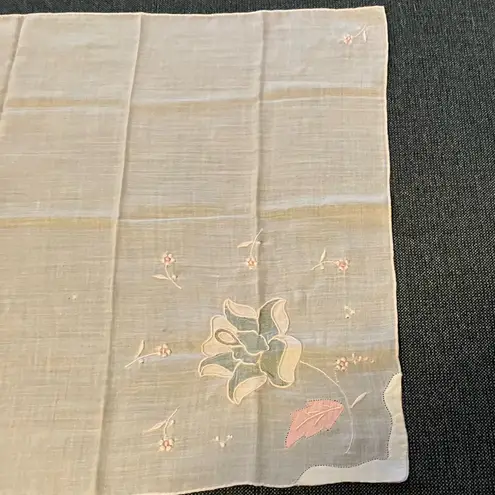 Antique Soft Cotton Floral Embroidered Handkerchief Pink White