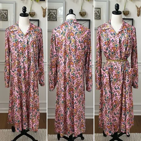 Vintage 70s Tribute Mod Floral Paisley Shirt Dress Long XL Pink