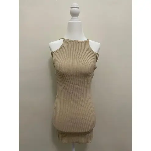 Bershka Lace-Up Back Crochet Knit Mini Dress in Tan (X-SMALL)