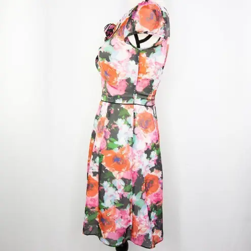 Vintage Flower decor asymmetric neck, Floral print pleated dress Red Size XXS