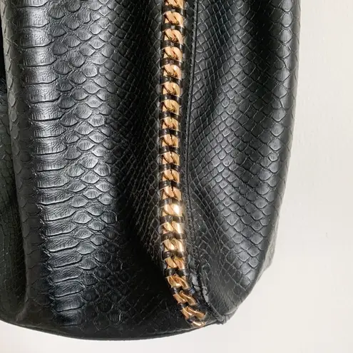 Black Croc Print Vegan Leather Tote Bag With Gold Metal Chain Strap