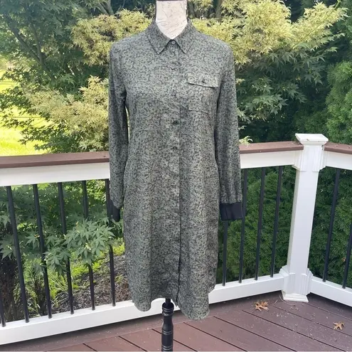 Ecru Ronan Midi Shirtdress, Green Camo, sweater cuffs long sleeves, collar Sz XS